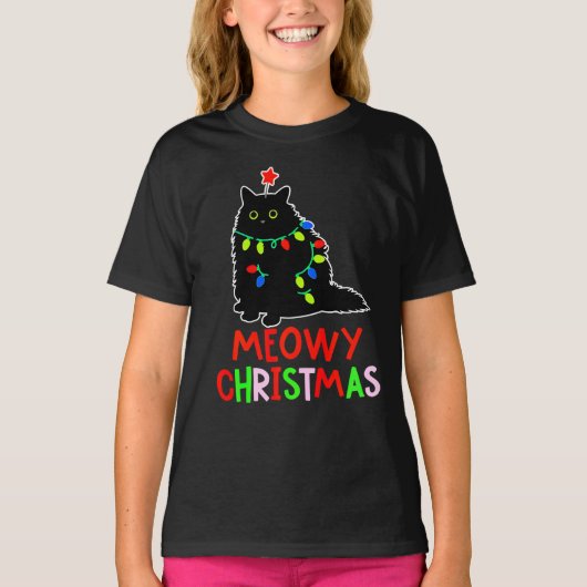 T-shirt Meowy Christmas Xmas Lights Black Cat Pajamas (Devant)