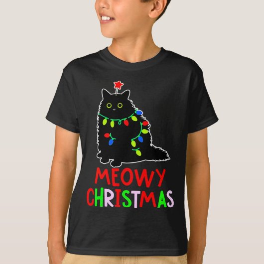 T-shirt Meowy Christmas Xmas Lights Black Cat Pajamas (Devant)