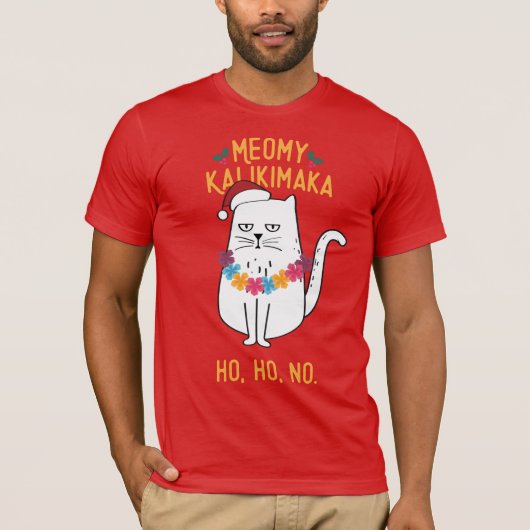 T-shirt Meowy Kalikimaka Funny Chat Santa Hat Noël (Devant)