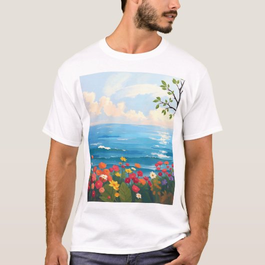 T-shirt Mer impressionniste avec jardin fleurissant (Devant)