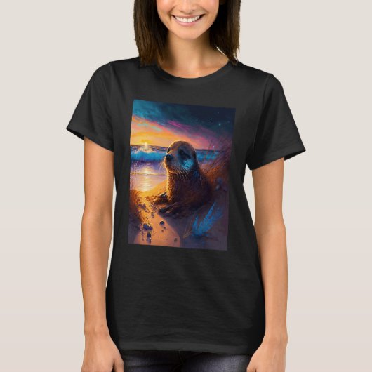 T-shirt Mer Otter Retro Sunset Cute Otter 2 (Devant)