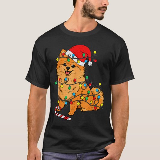 T-shirt Meranian Dog Christmas Lights Santa Xmas Pet Dog L (Devant)