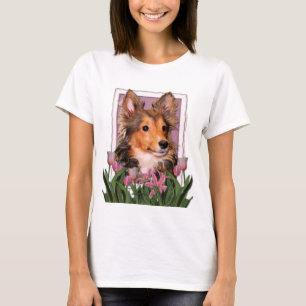 T-shirt Merci - tulipes roses - chiot de Sheltie -