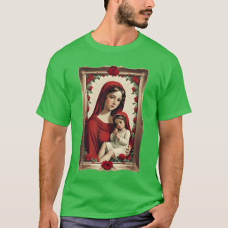 T-shirt Mère Marie et Bébé Jésus dans un cadre avec Roses 