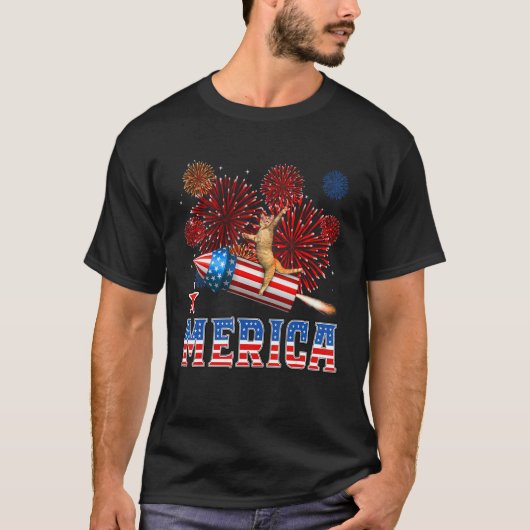 T-shirt Merica 4th of July Cat Riding Firework Rocket Patr (Devant)