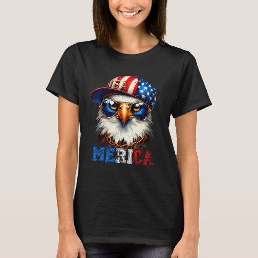 T-shirt Merica Bald Eagle Wearing Cap 4th Of July Patrioti (Devant)