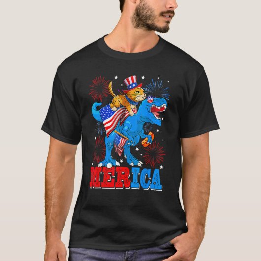 T-shirt Merica Cat Rex America Flag Dinosaurs 4th Of July (Devant)