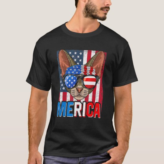 T-shirt Merica Chat Devon Rex 4 Juillet Drapeau Américain (Devant)