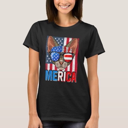 T-shirt Merica Chat Devon Rex Lunettes De Soleil Drapeau U (Devant)