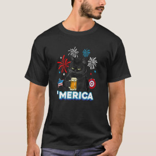 T-shirt Merica Chat Noir Yeux Jaunes Avec Bière Drapeau Us