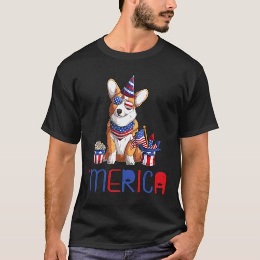 T-shirt Merica Drapeau américain Corgi Sunglass Chien T (Devant)