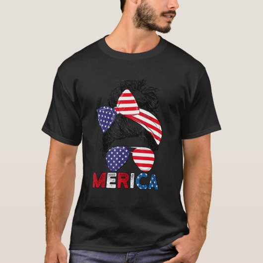 T-shirt Merica Maman Fille Américaine Drapeau Messy Bun Ch (Devant)
