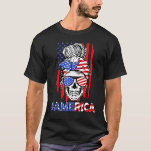 T-shirt Merica Messy Bun Skull 4 juillet American Flag P