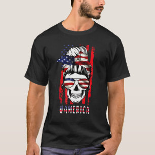 T-shirt Merica Messy Bun Skull 4 juillet American Flag W