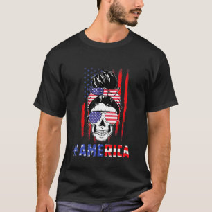 T-shirt Merica Messy Bun Skull 4 juillet American Flag W