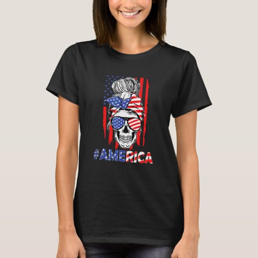 T-shirt Merica Messy Bun Skull 4 juillet American Flag W (Devant)