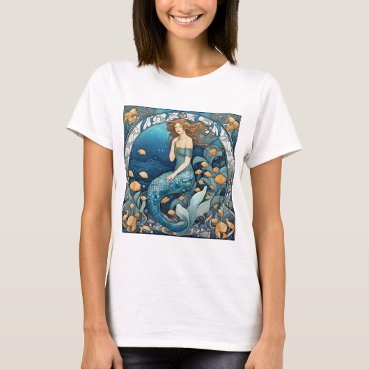 T-shirt Mermaid Art Nouveau Aqua Bleu Turquoise Art Déco (Devant)