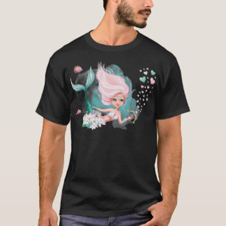 T-shirt Mermaid Valentine mignonne cheveux roses mersirène