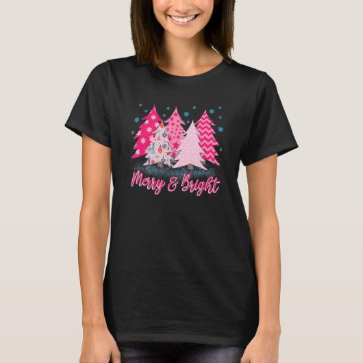 T-shirt Merry And Bright Pink Christmas Tree (Devant)