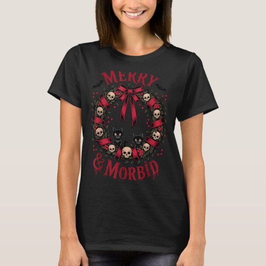 T-shirt Merry And Morbid Christmas Funny Cute Cats Goth Cr (Devant)