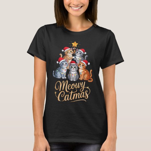 T-shirt Merry Catmas Funny Christmas Tree Matching Meowy X (Devant)