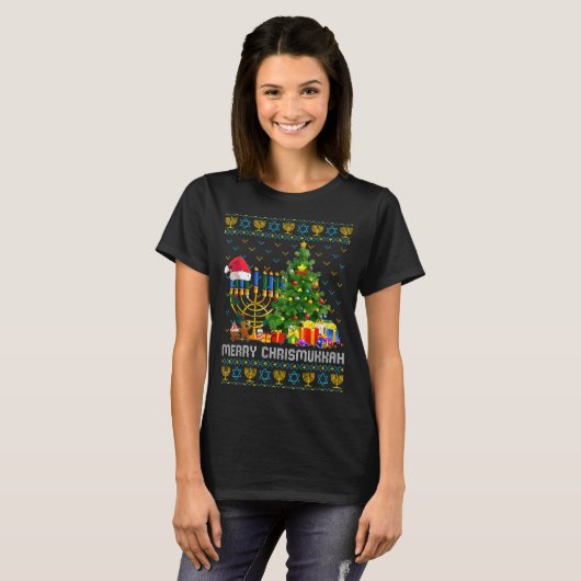 T-shirt Merry Chrismukkah Happy Hanukkah Ugly Sweater Fami (Devant entier)