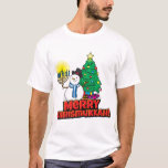 T-shirt Merry Chrismukkah Snowman Menorah et son nom perso<br><div class="desc">Amusez Merry Chrismukkah avec un Snowman tenant une menorah devant un sapin de Noël sur blanc. À l'arrière, vous pouvez supprimer ou modifier un texte amusant qui vous convient. Si vous mélangez les fêtes, ou si vous connaissez quelqu'un qui célèbre Hanoukka et Noël, alors cela ferait une excellente idée cadeau!...</div>