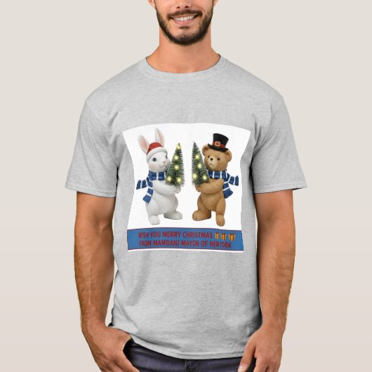 T-shirt Merry Christmas Bunny and Bear Holding Trees T-Shi (Devant)