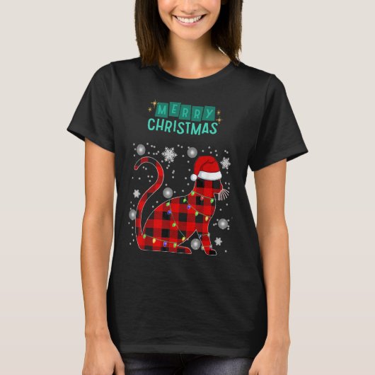 T-shirt Merry Christmas Cat Plaid Graphic For Cat Lover (Devant)