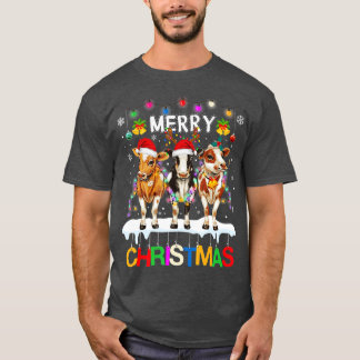 T-shirt Merry Christmas Cow Shirt Farmer Santa Hat Xmas Li