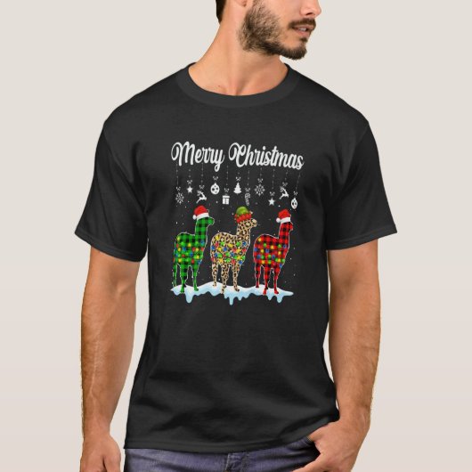 T-shirt Merry Christmas Cute Llama  Xmas Leopard Plaid (Devant)