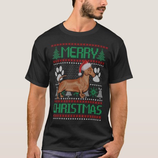 T-shirt Merry Christmas Dachshund UGLY Xmas Pajama Dog (Devant)