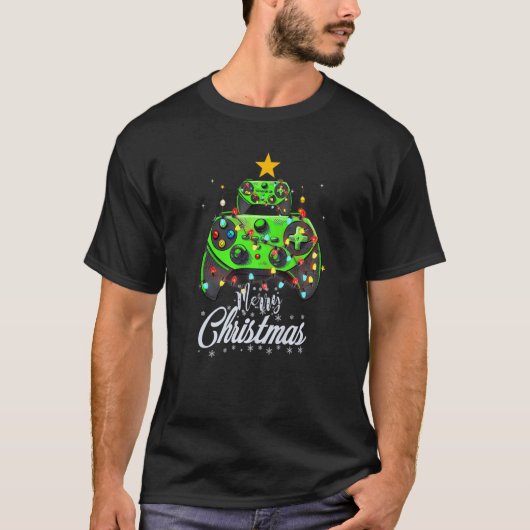 T-shirt Merry Christmas Game Controller Tree Kid Adult Lig (Devant)