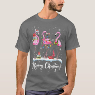 T-shirt Merry Christmas Hat Santa Flamingo Light Snow Xmas