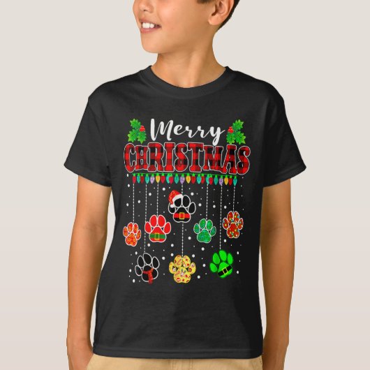 T-shirt Merry Christmas Lights Dog Paw Xmas  (Devant)