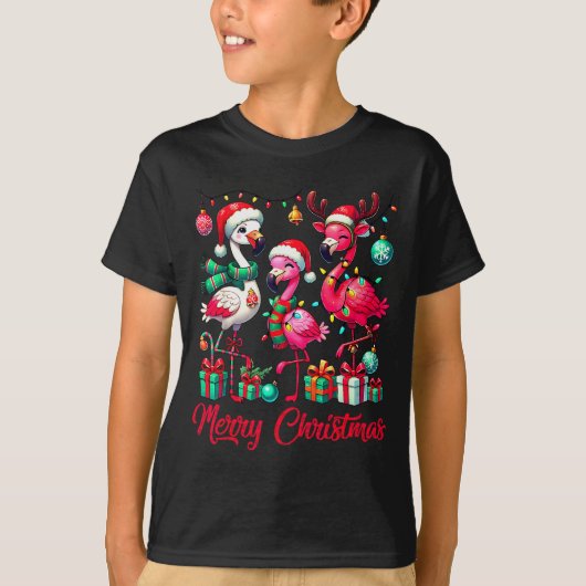 T-shirt Merry Christmas Lights Flamingo Santa Hat Snow Xma (Devant)