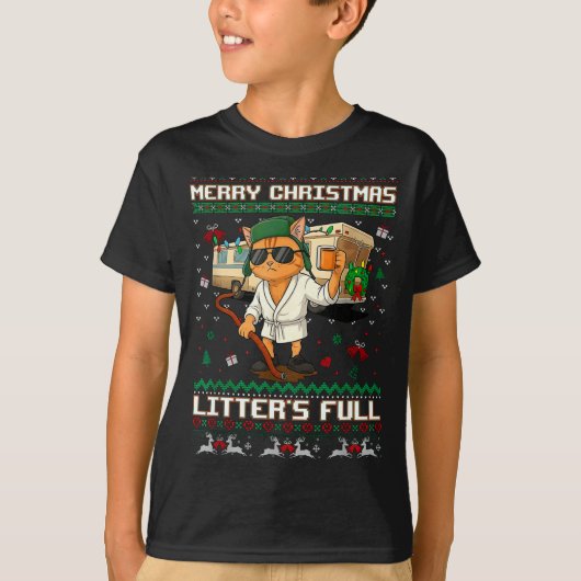 T-shirt Merry Christmas Litter's Full Funny Cat Ugly Xmas  (Devant)