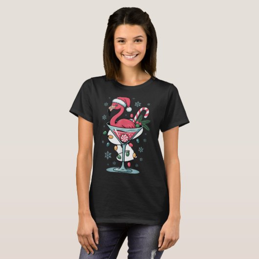 T-shirt Merry Christmas Nk Flamingo Wine Drinking Lights X (Devant entier)