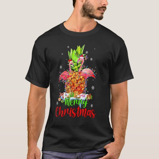 T-shirt Merry Christmas Pineapple Flamingo  Xmas (Devant)