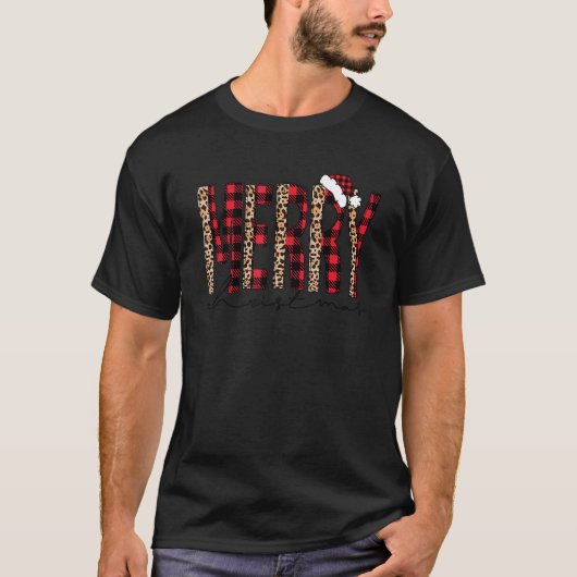 T-shirt Merry Christmas Red Plaid and Leopard Pattern Xmas (Devant)