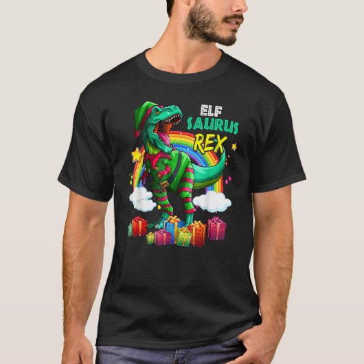 T-shirt Merry Christmas Santa Rainbow Elf Saurus Rex (Devant)