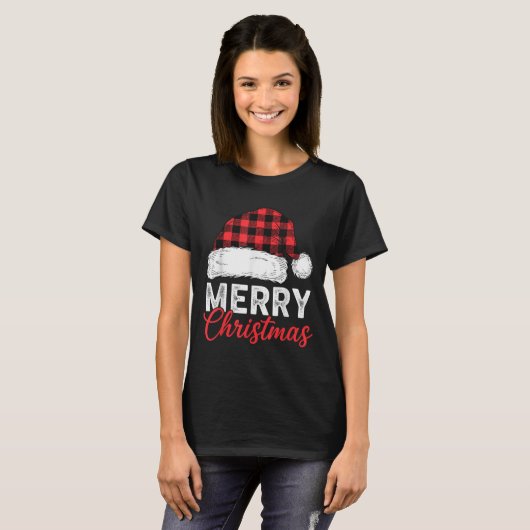 T-shirt Merry Christmas Shirt Santa Hat Buffalo Plaid Men (Devant entier)
