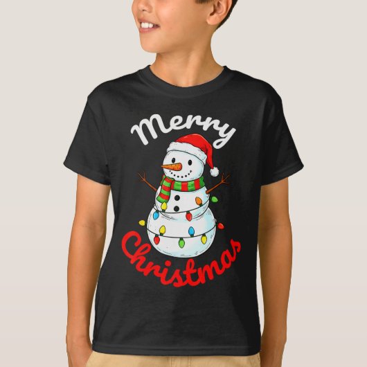 T-shirt Merry Christmas Snowman Santa Hat Holiday Kids Men (Devant)