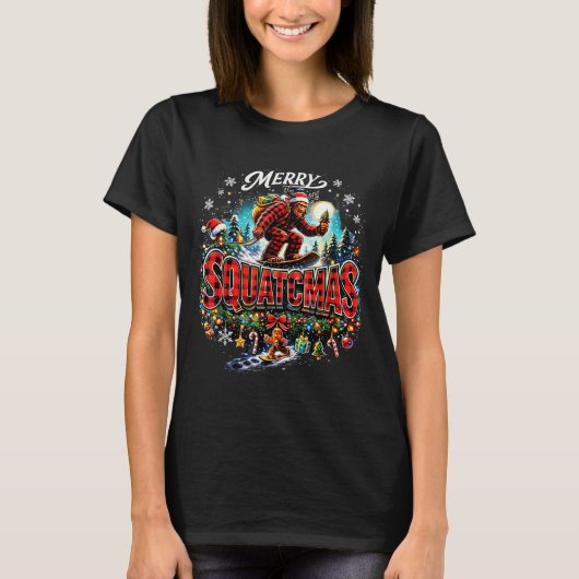 T-shirt Merry Christmas Squatchmas Funny Bigfoot Snowboard (Devant)