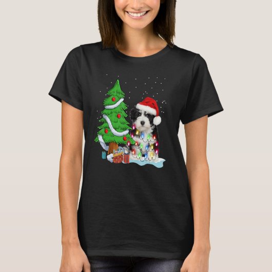 T-shirt Merry Christmas Tree Light Santa Hat Dog Shih Tzu (Devant)
