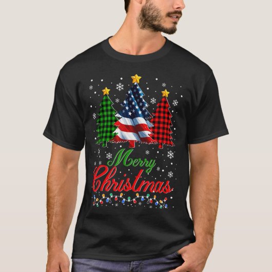 T-shirt Merry Christmas Tree Plaid Us Flag Snowflake Xmas (Devant)