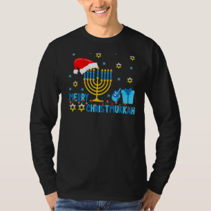 T-shirt Merry Christmukkah Hanoukka Holiday Light Santas