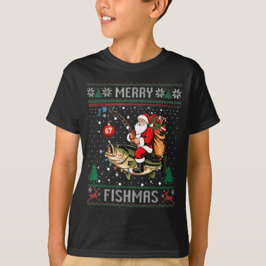 T-shirt Merry Fishmas Santa Riding B Fish Christmas Ugly S (Devant)
