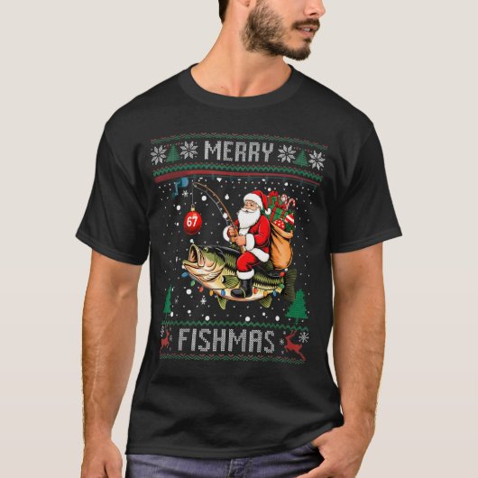 T-shirt Merry Fishmas Santa Riding B Fish Christmas Ugly S (Devant)