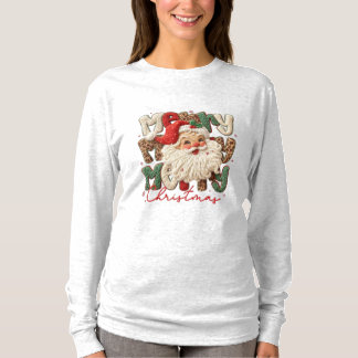 T-shirt Merry Merry Merry Christmas– Faux Embroidery Santa